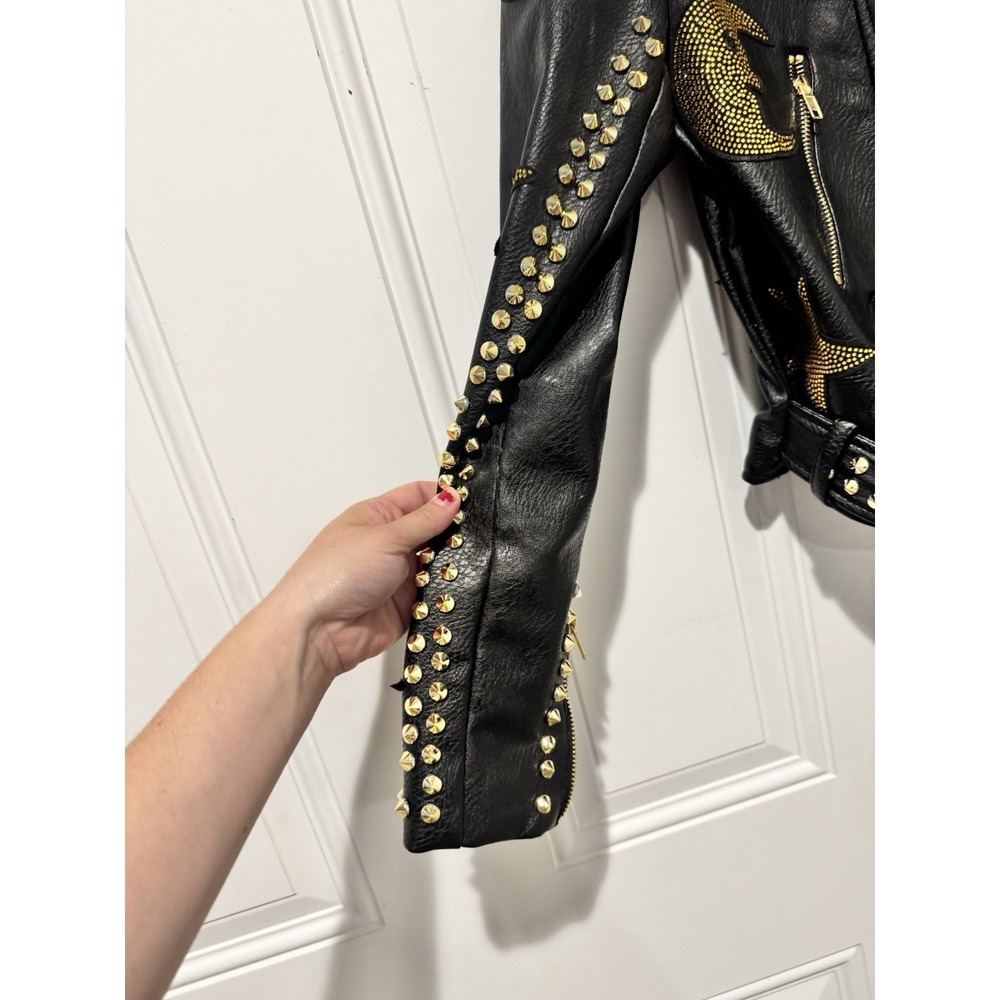 Azalea Wang Women's Black Studded Celestial Moto Jacket M Cropped Moon Stars M - Picture 3 of 15